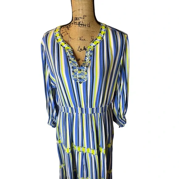 JOHN MARK Striped V Neck Tiered Midi Dress Blue Yellow Embellished Size L - Picture 4 of 13
